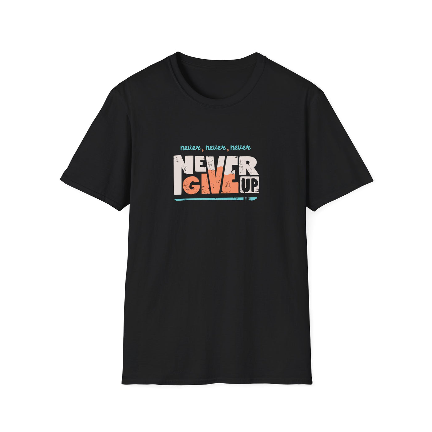 Black t-shirt with 'Never Give Up' text design on a white background