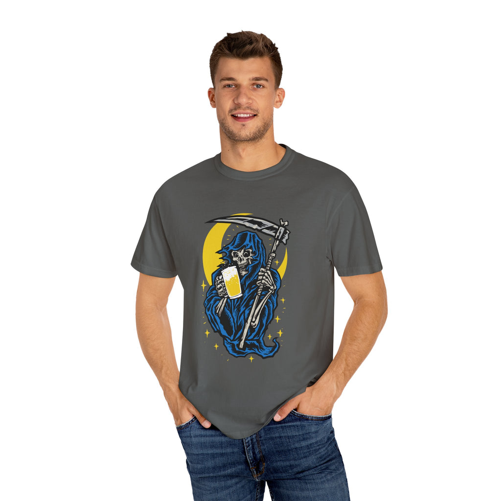 Death Drinks Beer Under The Moon Funny Graphic T-Shirt - Sinful Threads