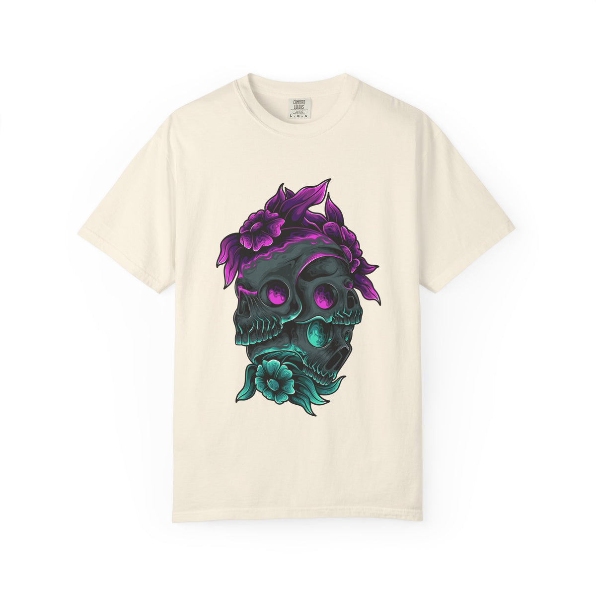 Beige t-shirt with a skull and floral design on a white background