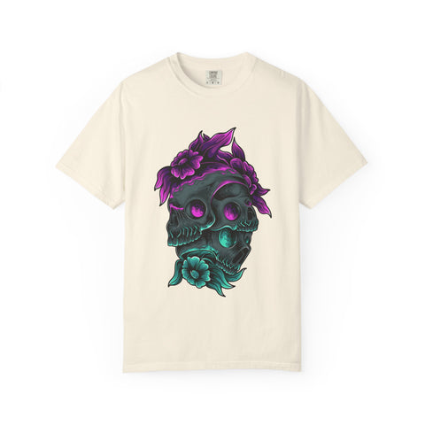 Beige t-shirt with a skull and floral design on a white background