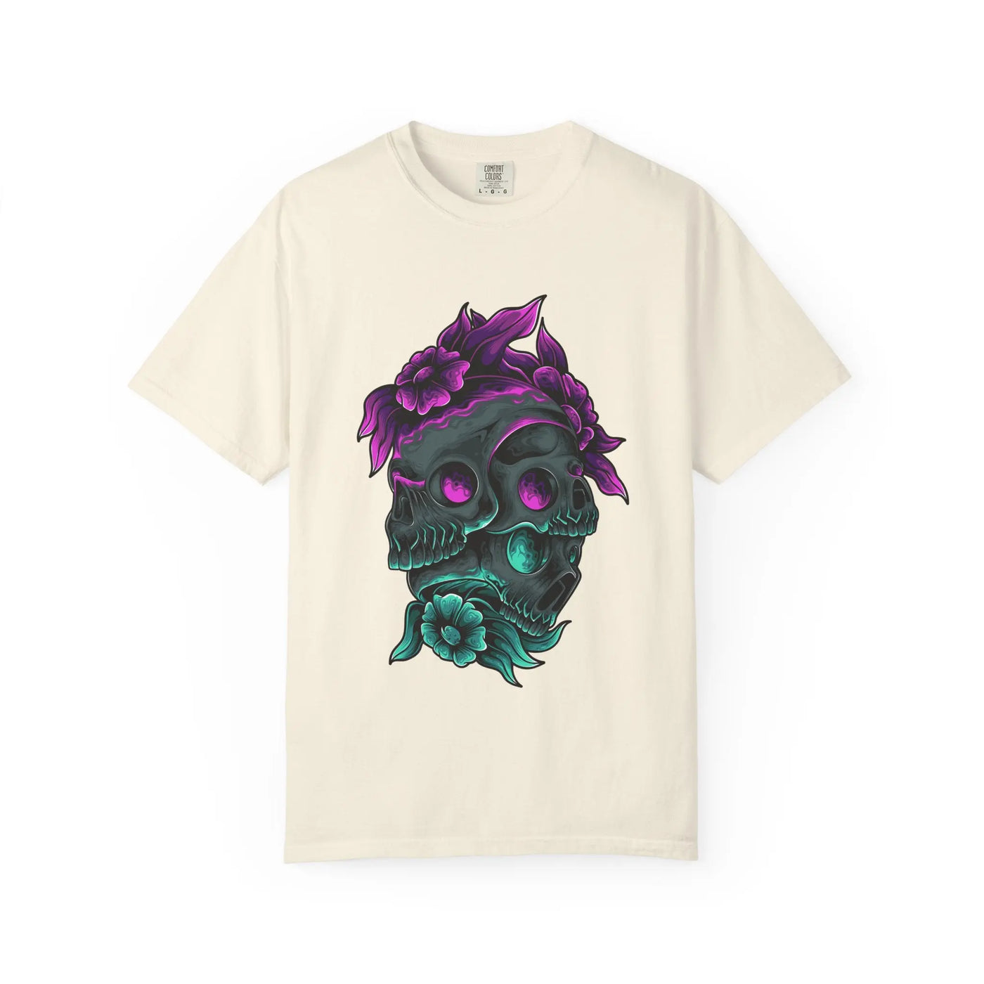Beige t-shirt with a skull and floral design on a white background