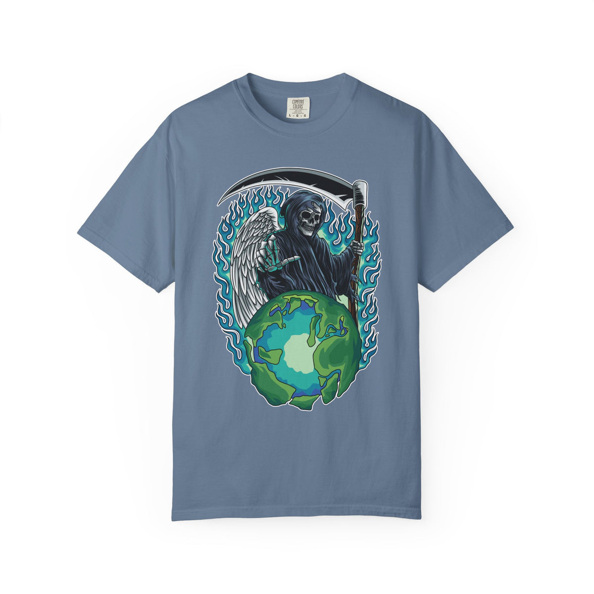 Grim Reaper Tee – Blue Flames Skull Gothic Death Shirt