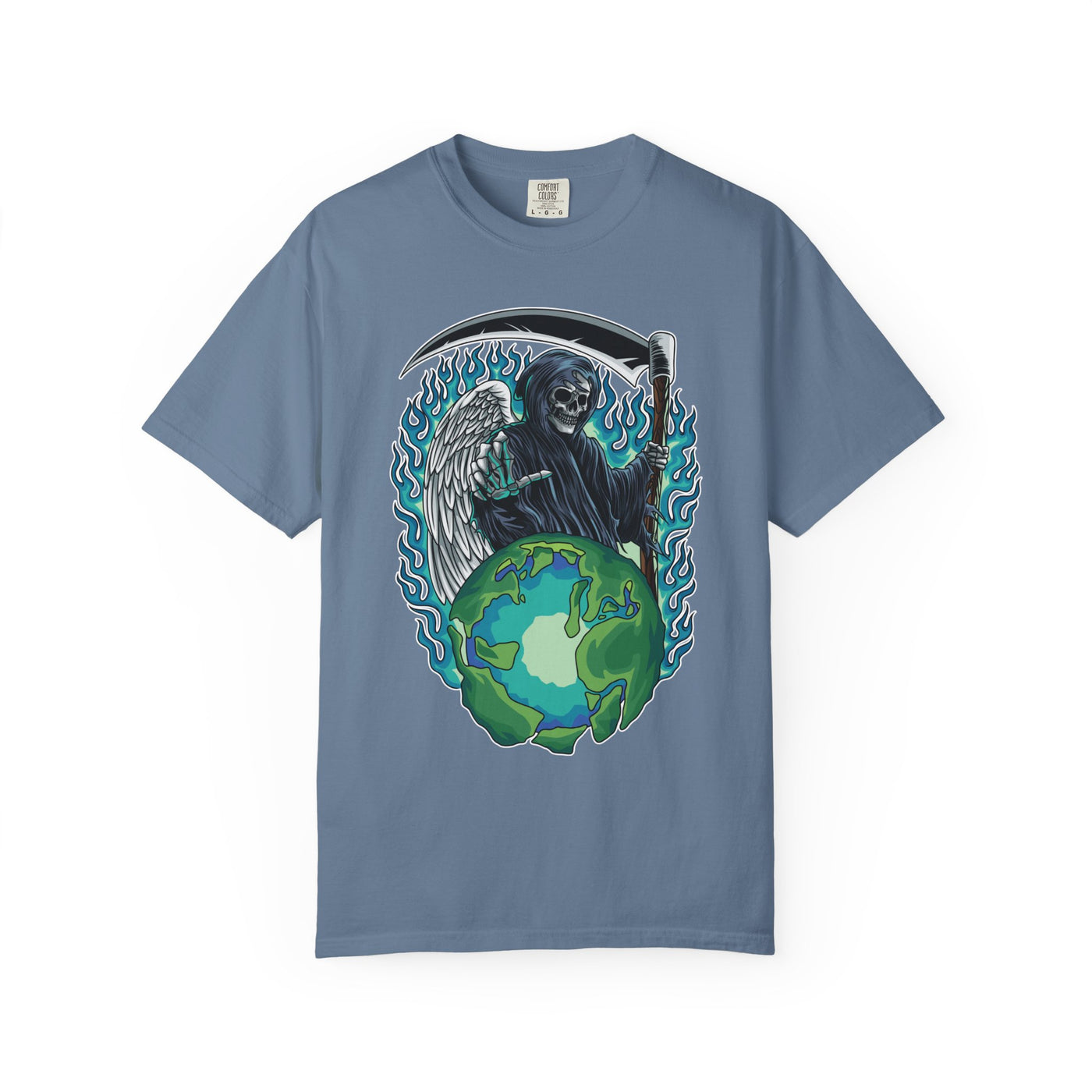 Grim Reaper Tee – Blue Flames Skull Gothic Death Shirt - Sinful Threads