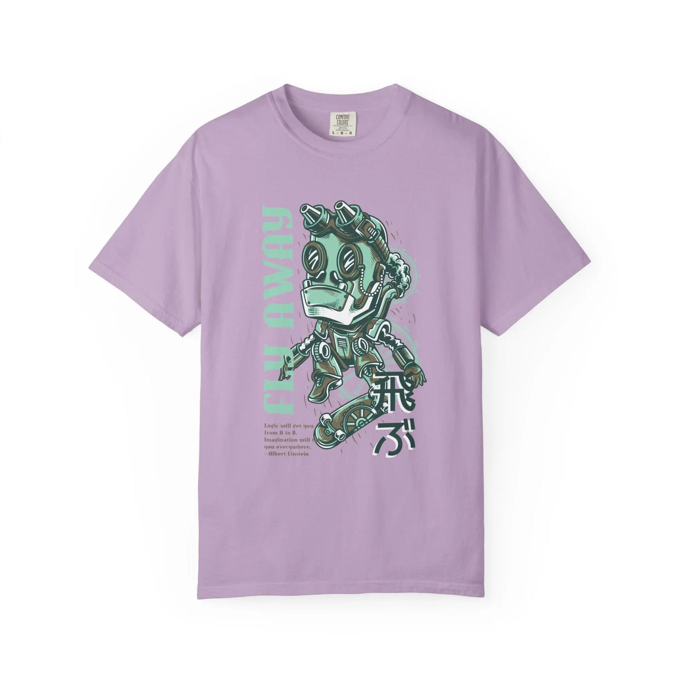 Fly Away Steampunk Robot With Japanese Text Design T-Shirt - Sinful Threads