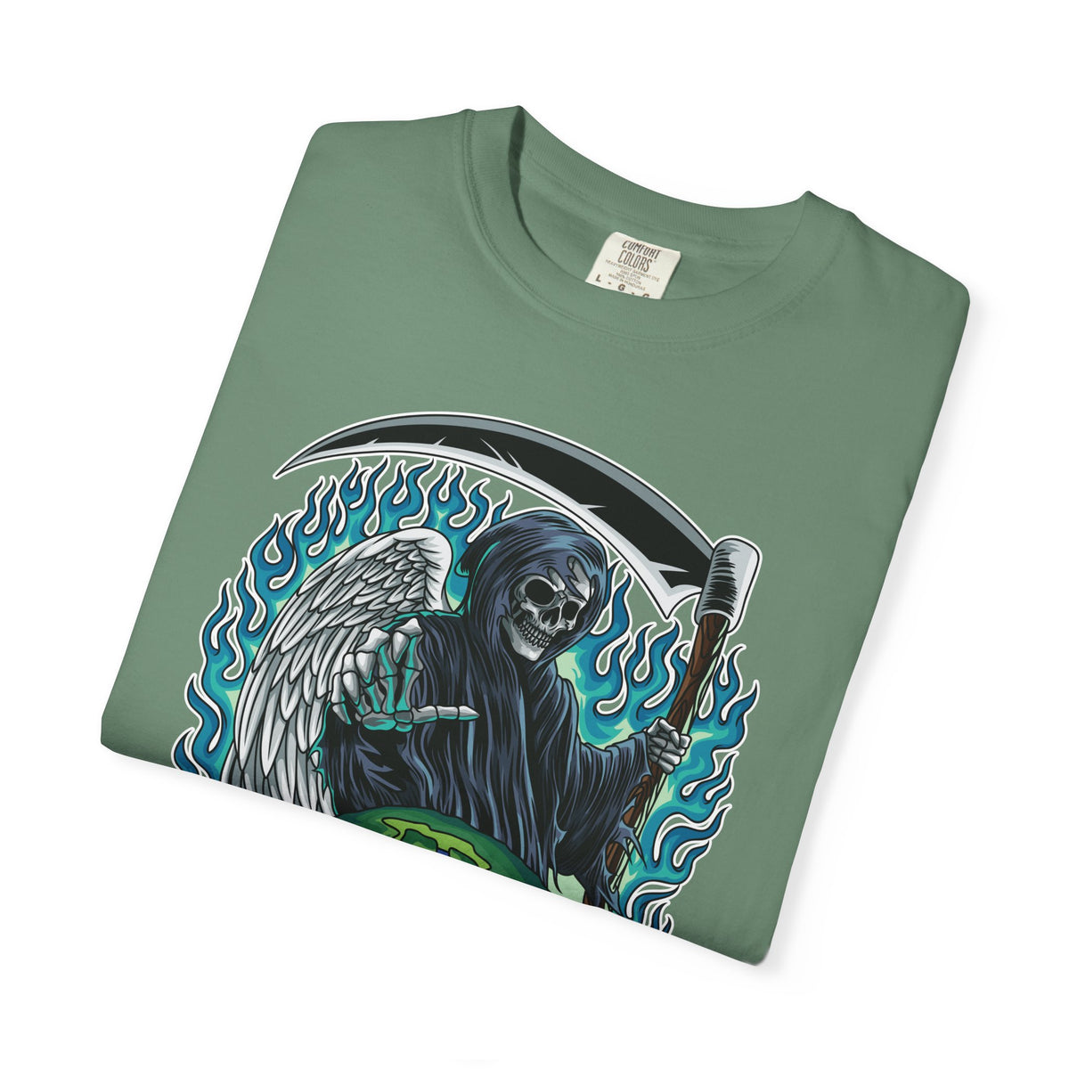 Grim Reaper Tee – Blue Flames Skull Gothic Death Shirt