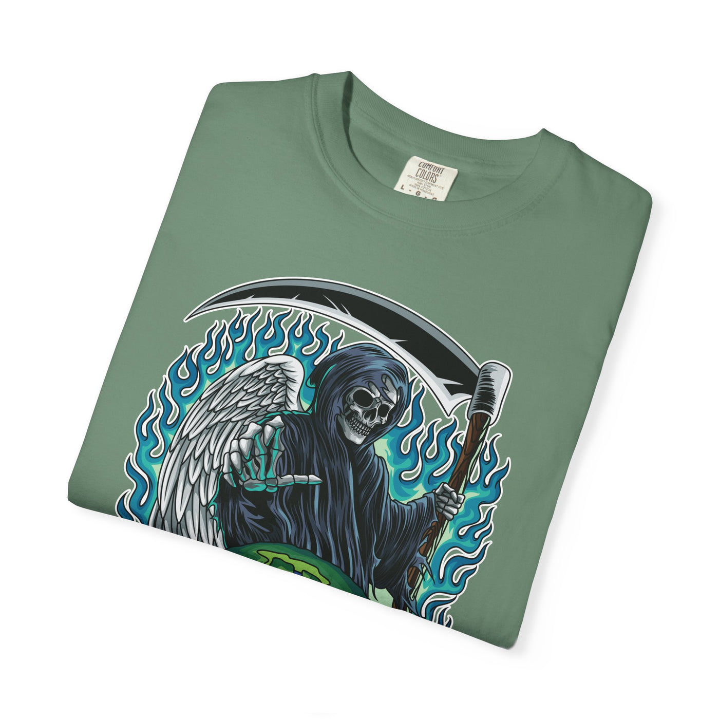 Grim Reaper Tee – Blue Flames Skull Gothic Death Shirt - Sinful Threads