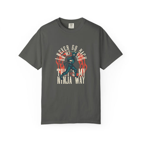 Gray t-shirt with a graphic design of a person in a ninja pose and text on a white background