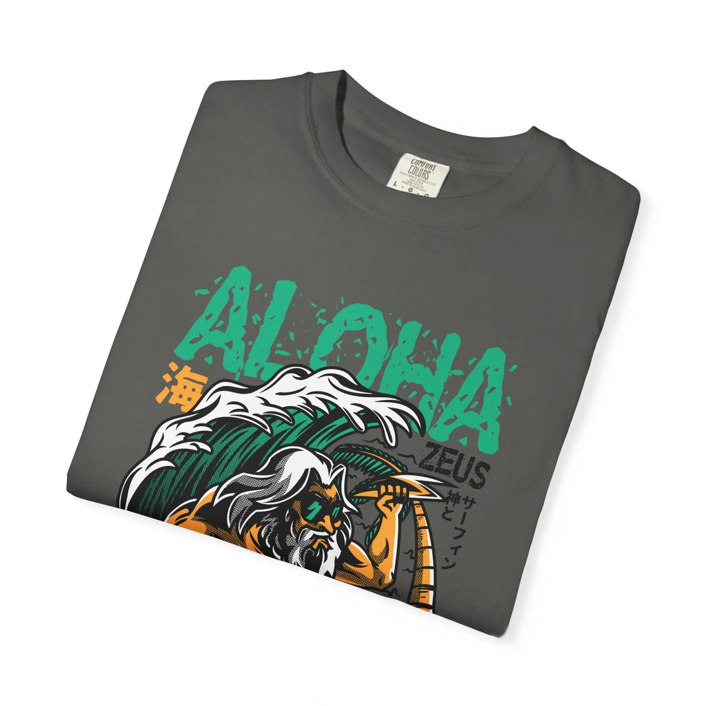 Zeus Surfing Illustration Graphic Design Aloha Text T-Shirt - Sinful Threads