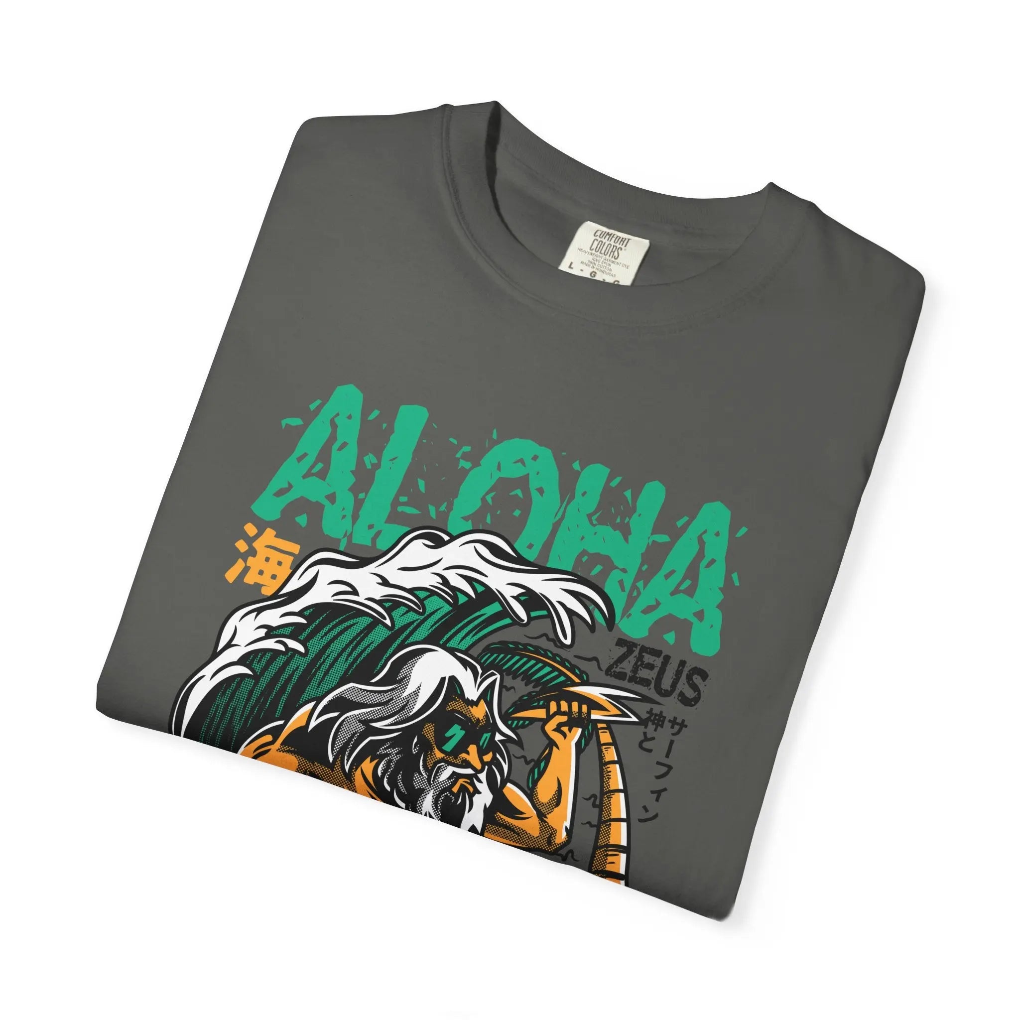 Zeus Surfing Illustration Graphic Design Aloha Text T-Shirt - Sinful Threads