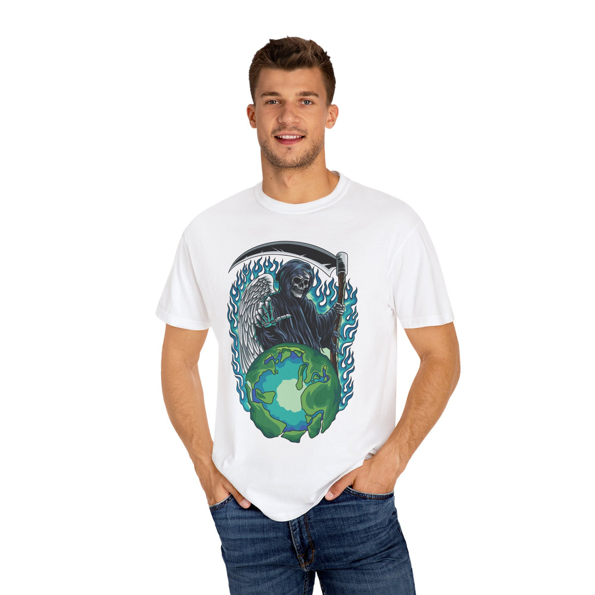 Grim Reaper Tee – Blue Flames Skull Gothic Death Shirt