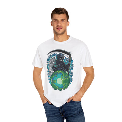 Grim Reaper Tee – Blue Flames Skull Gothic Death Shirt - Sinful Threads