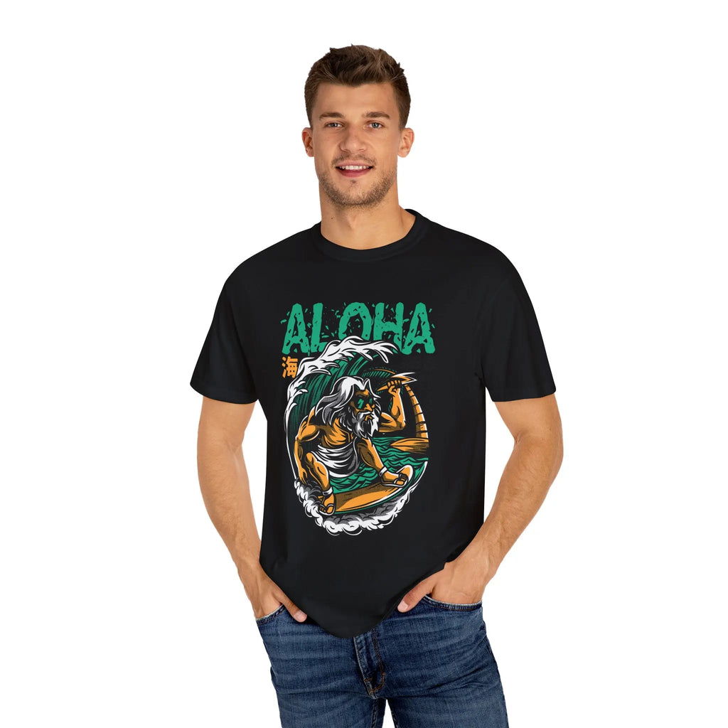 Zeus Surfing Illustration Graphic Design Aloha Text T-Shirt - Sinful Threads