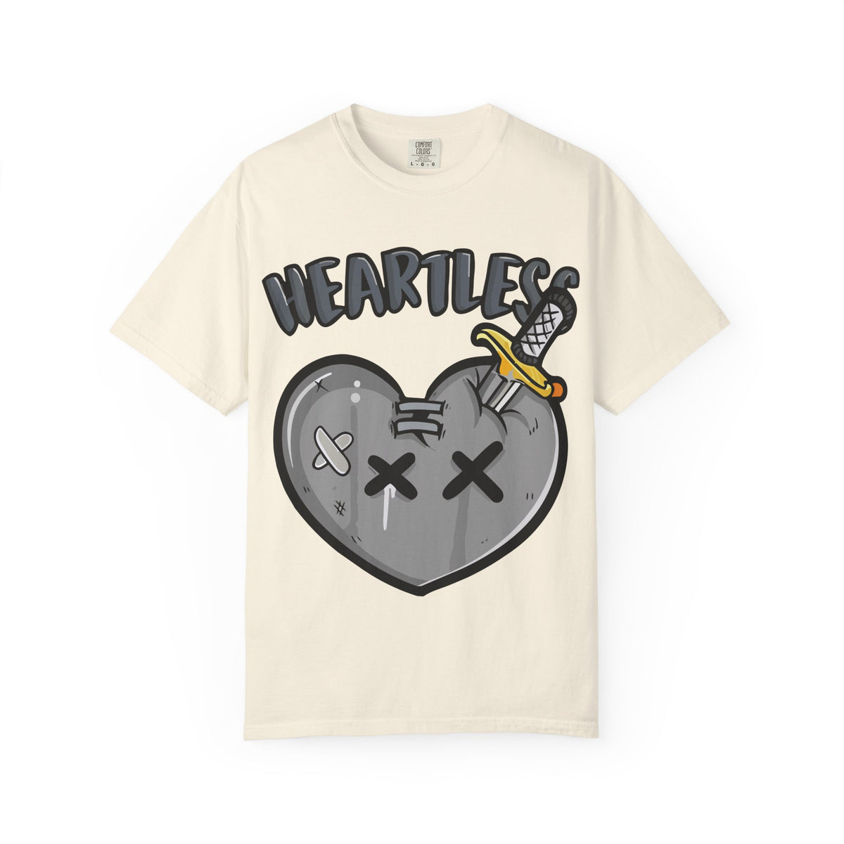 Beige t-shirt with a graphic design of a heart and text on a white background