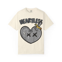 Beige t-shirt with a graphic design of a heart and text on a white background