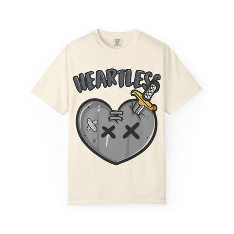 Beige t-shirt with a graphic design of a heart and text on a white background