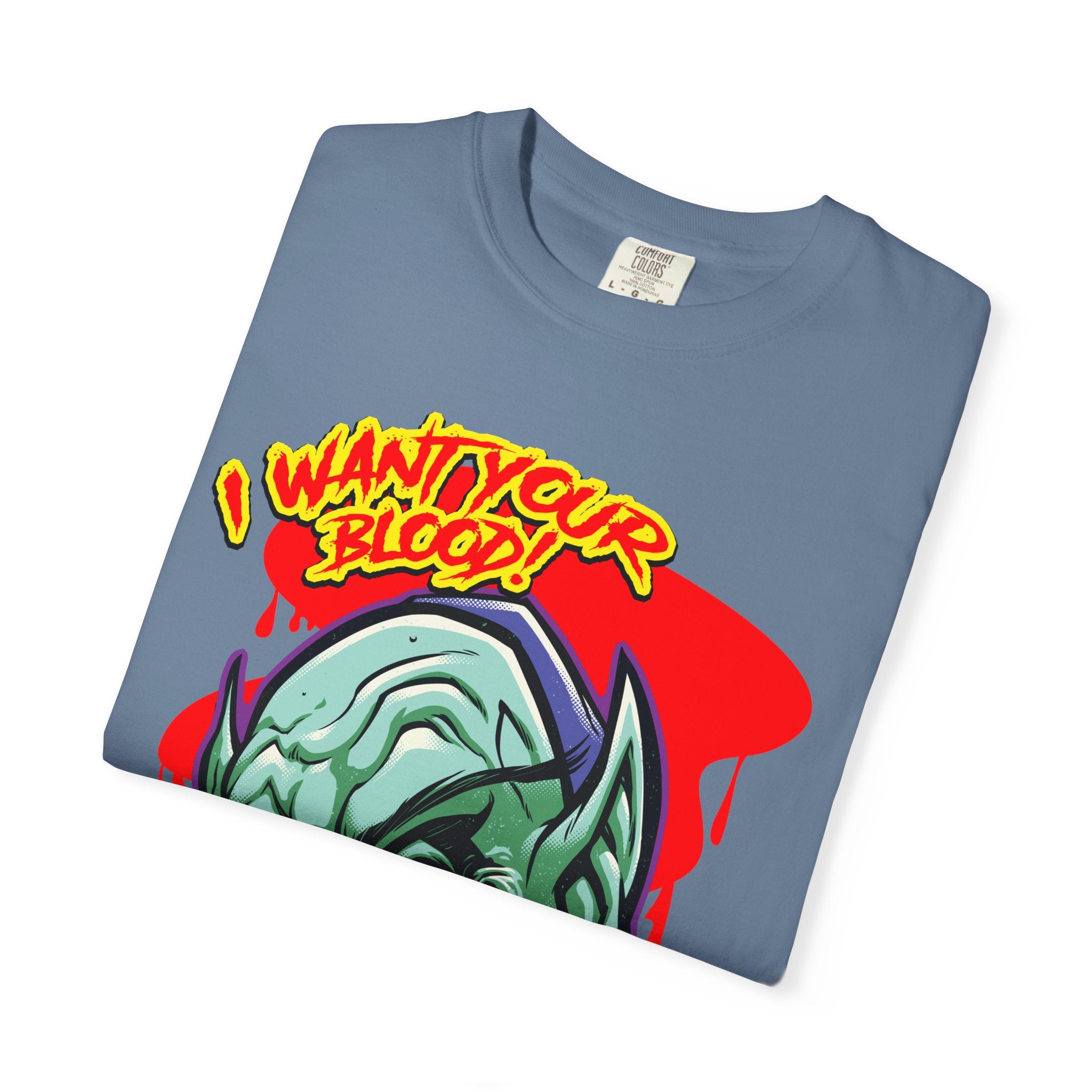 Dracula Cartoon Graphic Tee - I Want Blood Vampire Shirt - Sinful Threads