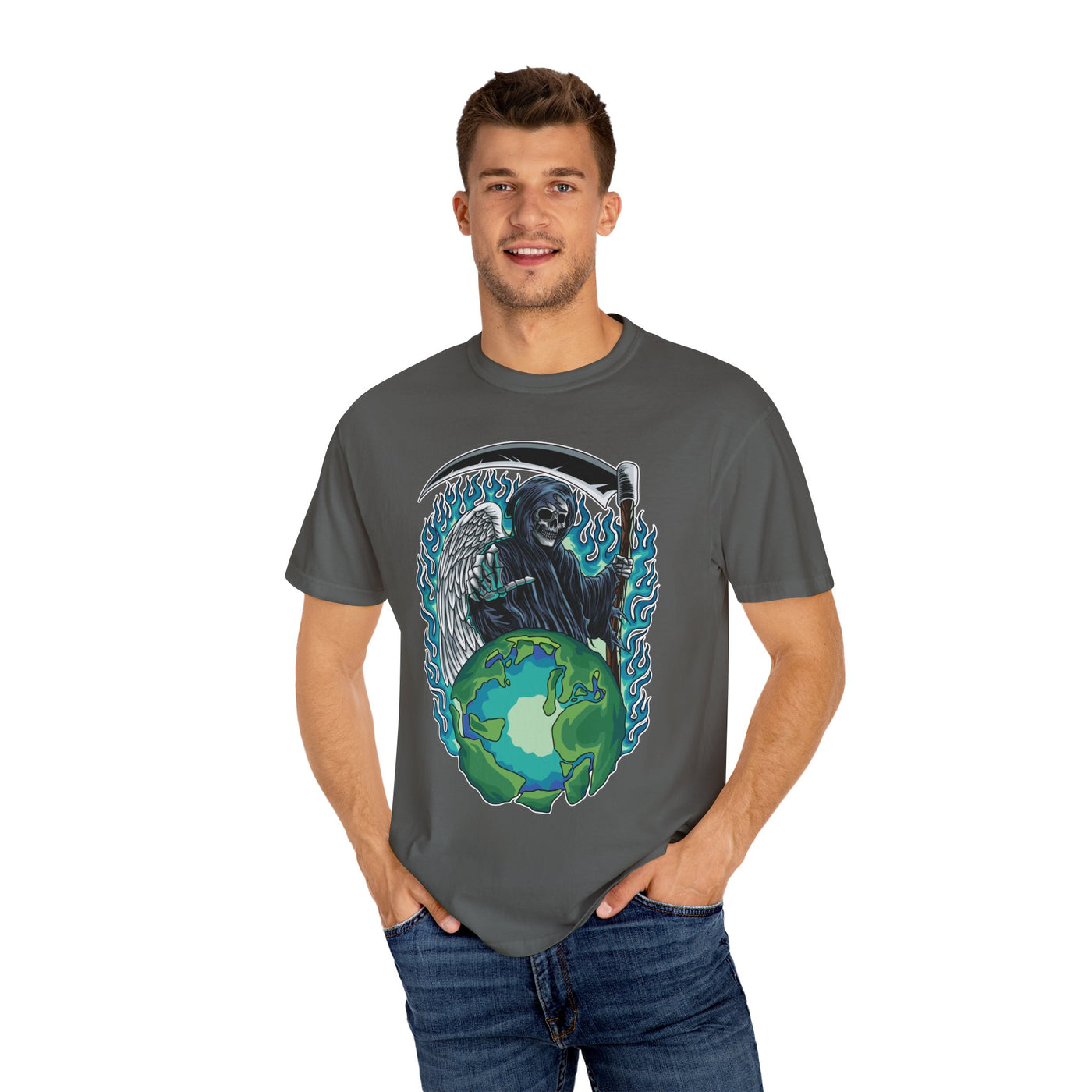 Grim Reaper Tee – Blue Flames Skull Gothic Death Shirt - Sinful Threads