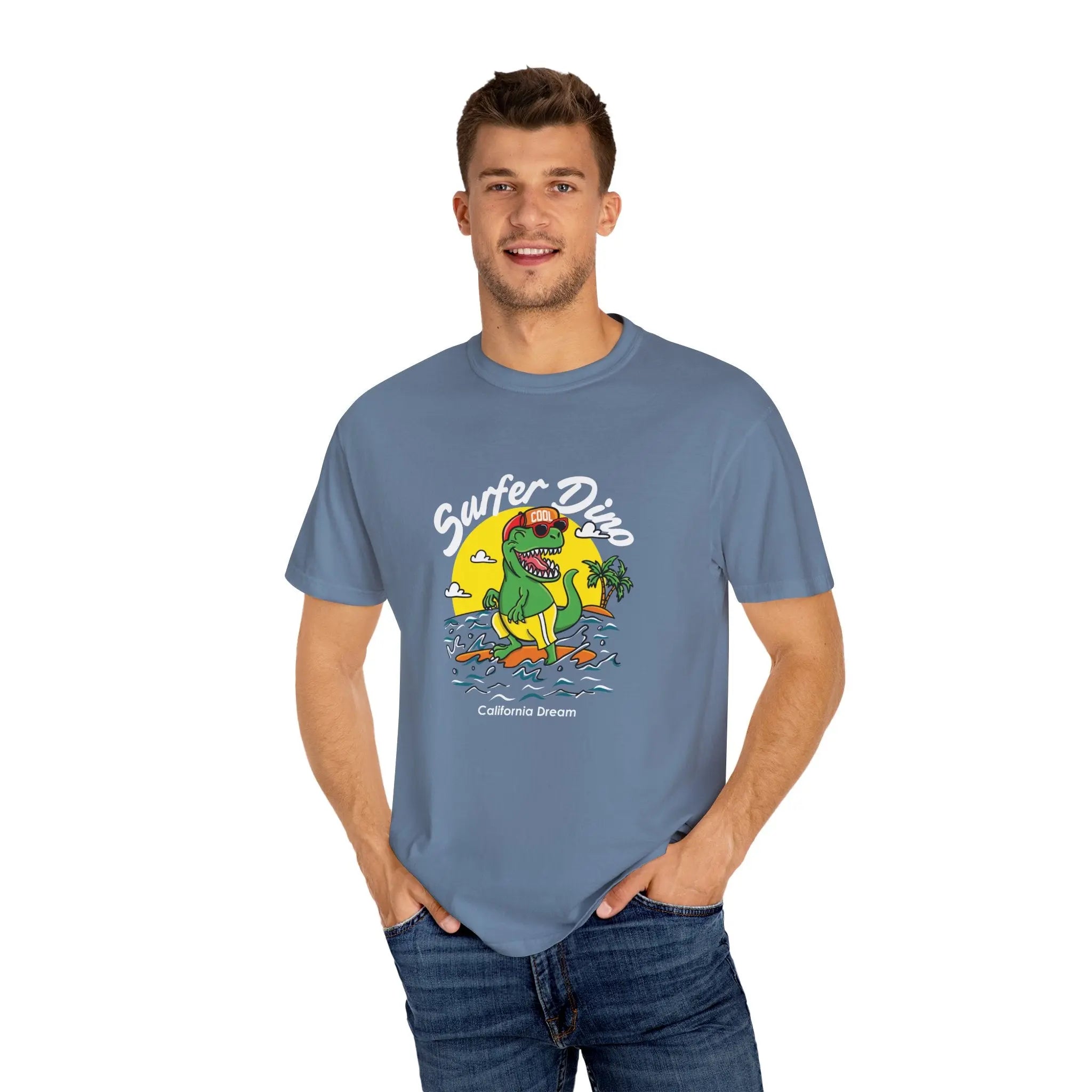 California Dream Surfing Dinosaur In Waves With Palm Tree Graphic T-Shirt - Sinful Threads