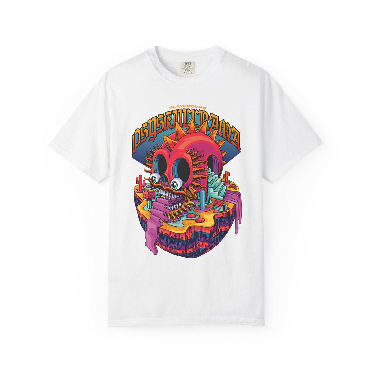 White t-shirt with a colorful graphic design on a white background