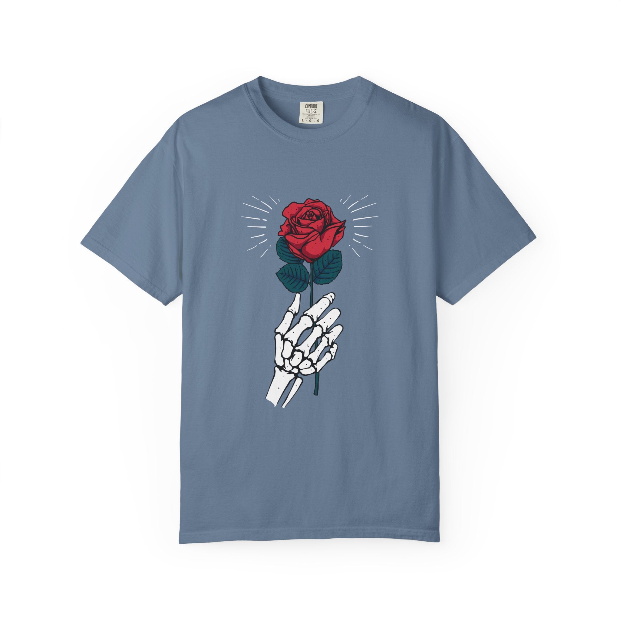 Red Rose In a Skeletal Hand Unique Graphic T-Shirt - Sinful Threads
