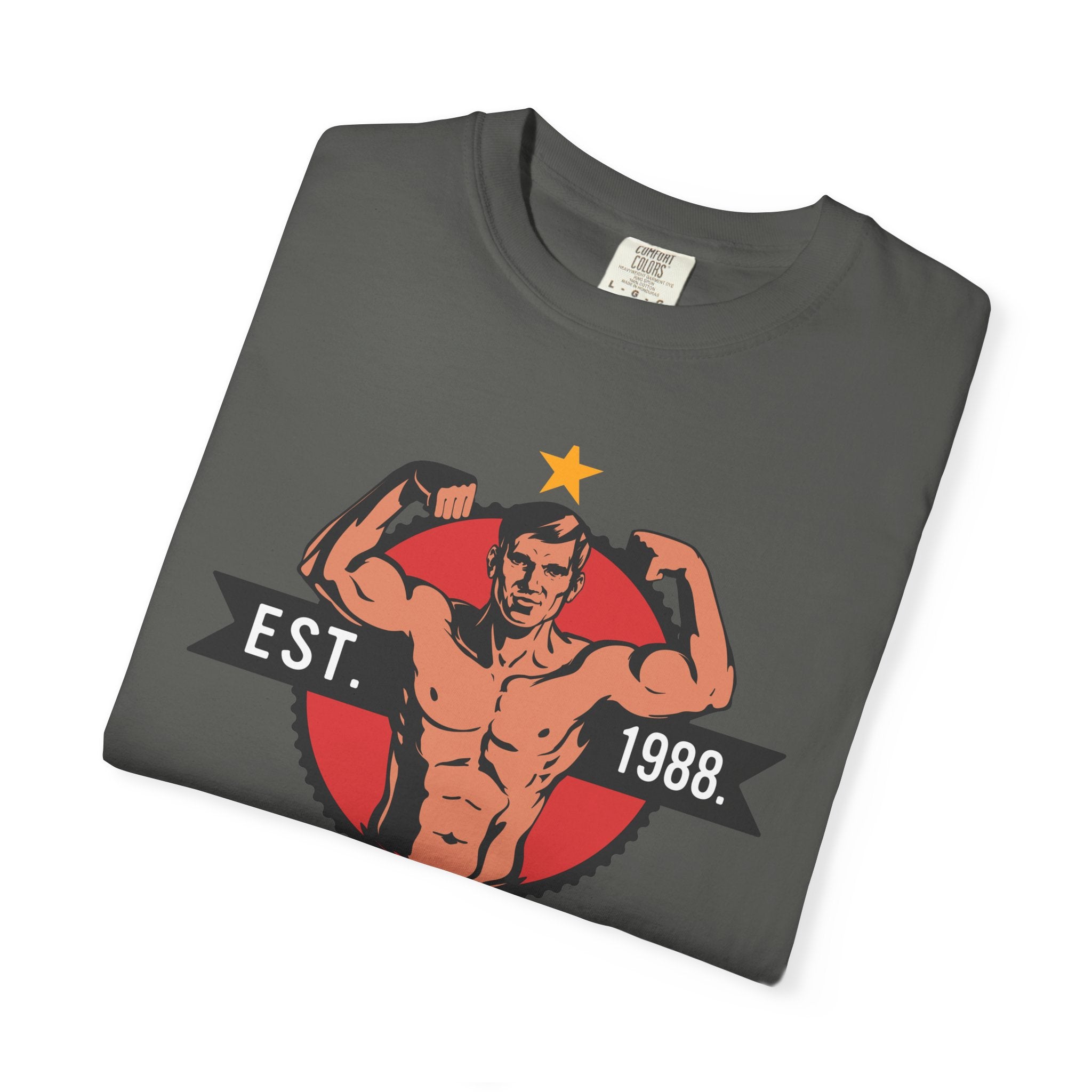 Vintage Bodybuilder Star Emblem Shirt - 1988 Retro Fitness Tee - Sinful Threads