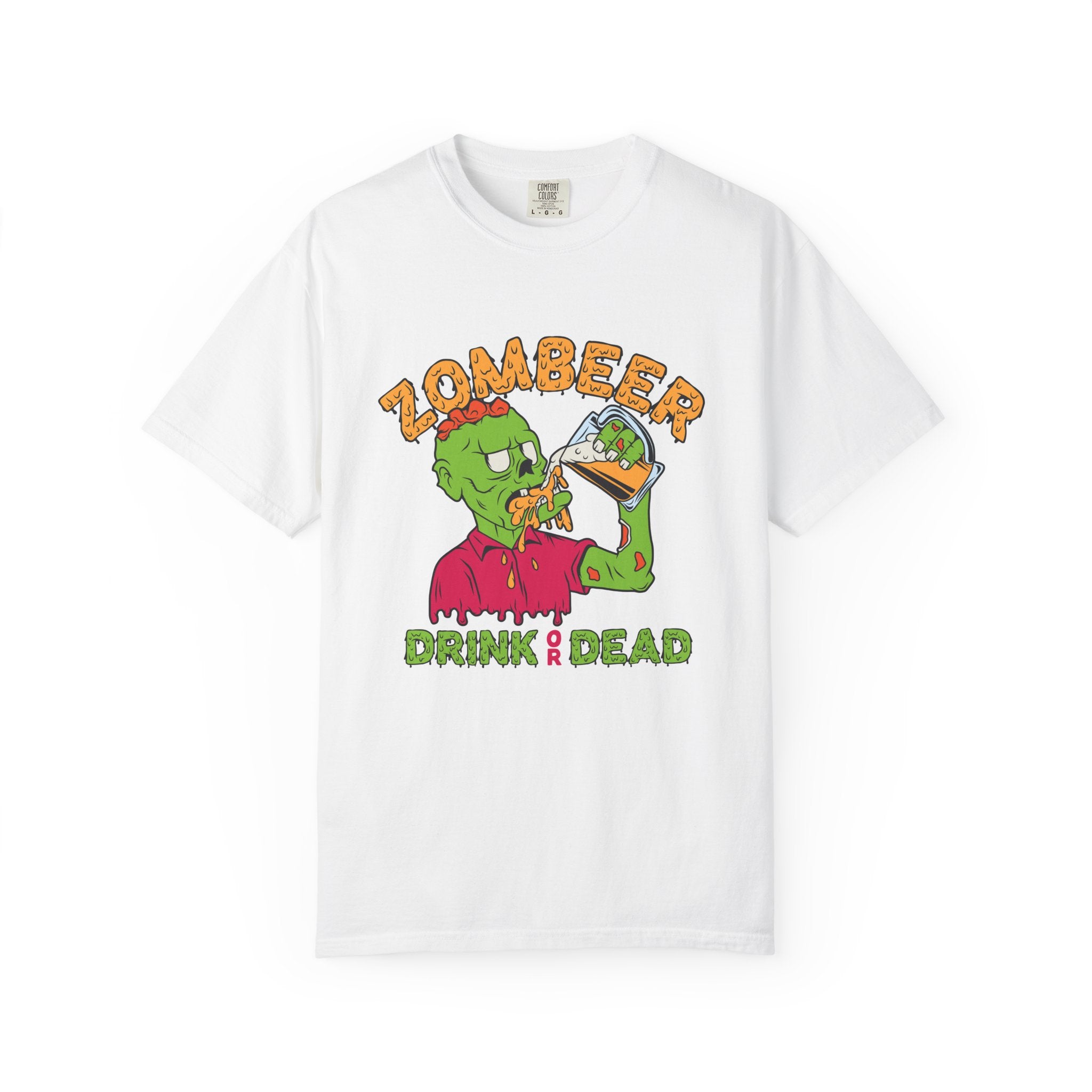 White t-shirt with a zombie graphic and 'Zombeer Drink and Dead' text on a white background