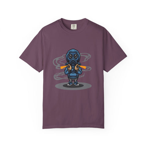 Purple t-shirt with a graphic design of a character wearing a gas mask and holding a graffiti bottle on a white background.