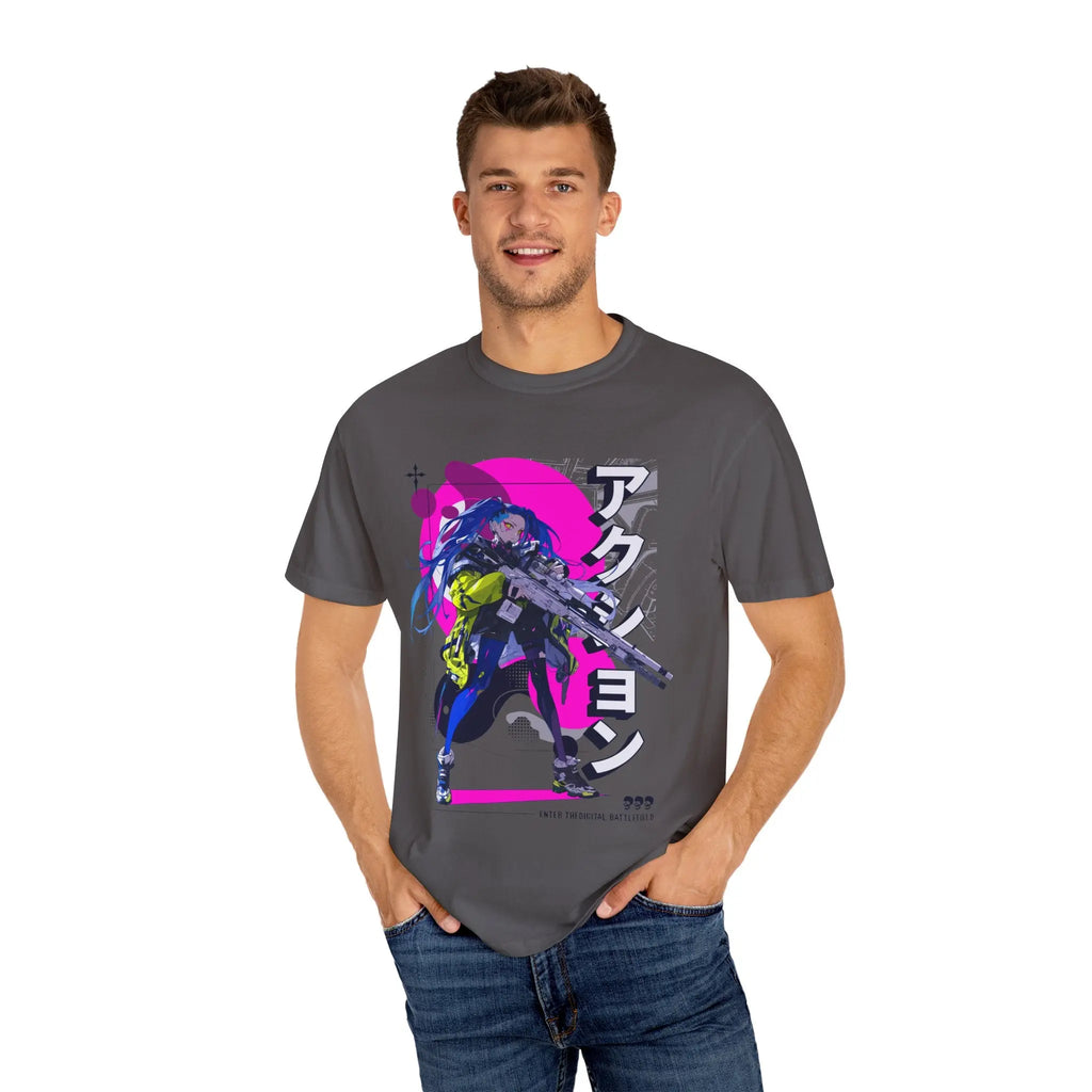 Cyberpunk Girl Tee - Futuristic Manga Gun Streetwear - Sinful Threads