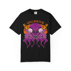 Black t-shirt with a Halloween-themed design featuring a purple creature and orange text on a white background.