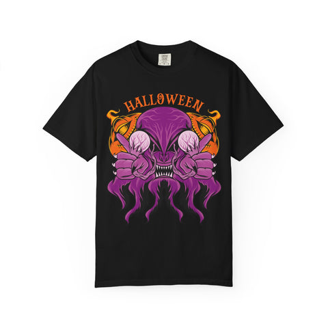 Black t-shirt with a Halloween-themed design featuring a purple creature and orange text on a white background.