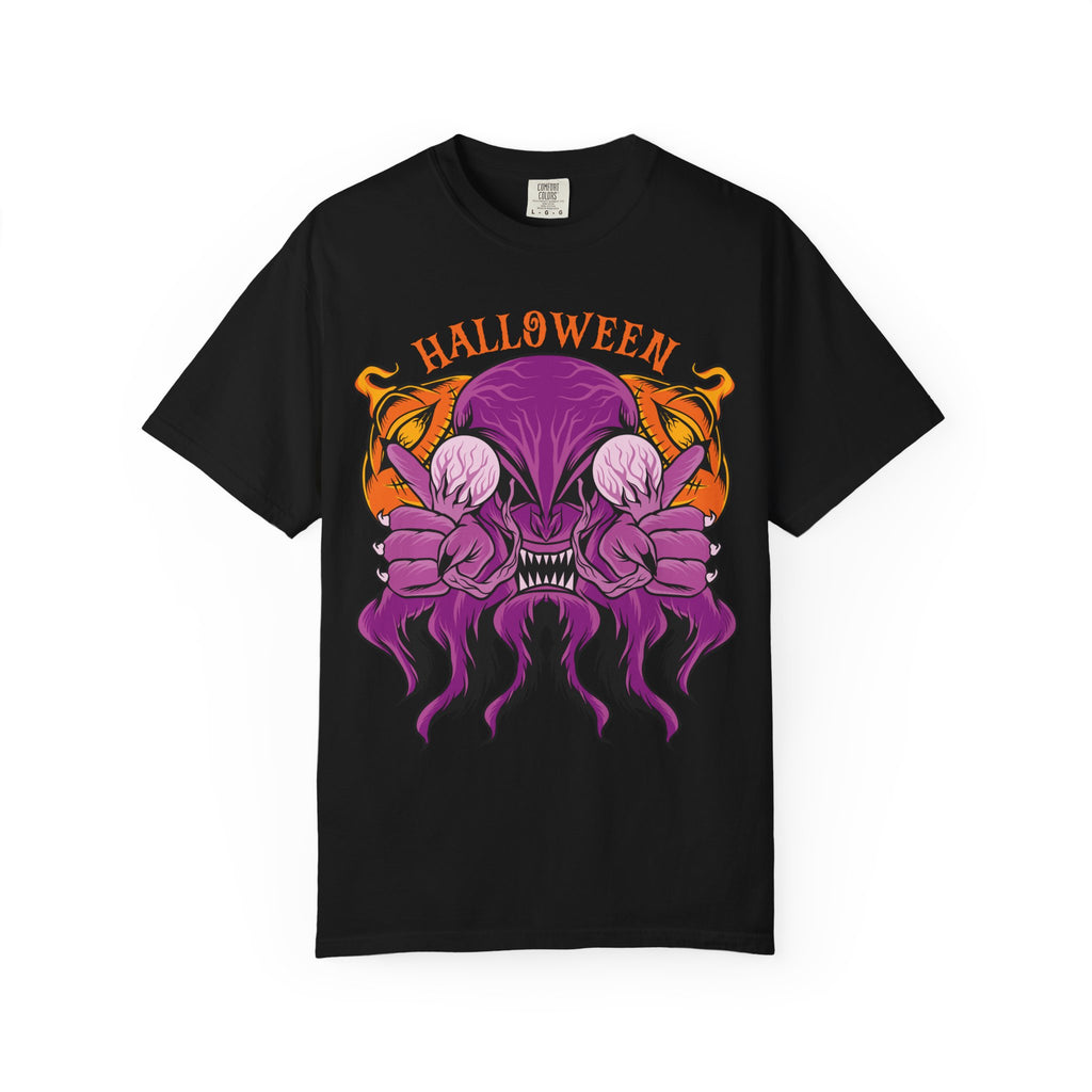 Black t-shirt with a Halloween-themed design featuring a purple creature and orange text on a white background.