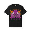 Black t-shirt with a Halloween-themed design featuring a purple creature and orange text on a white background.
