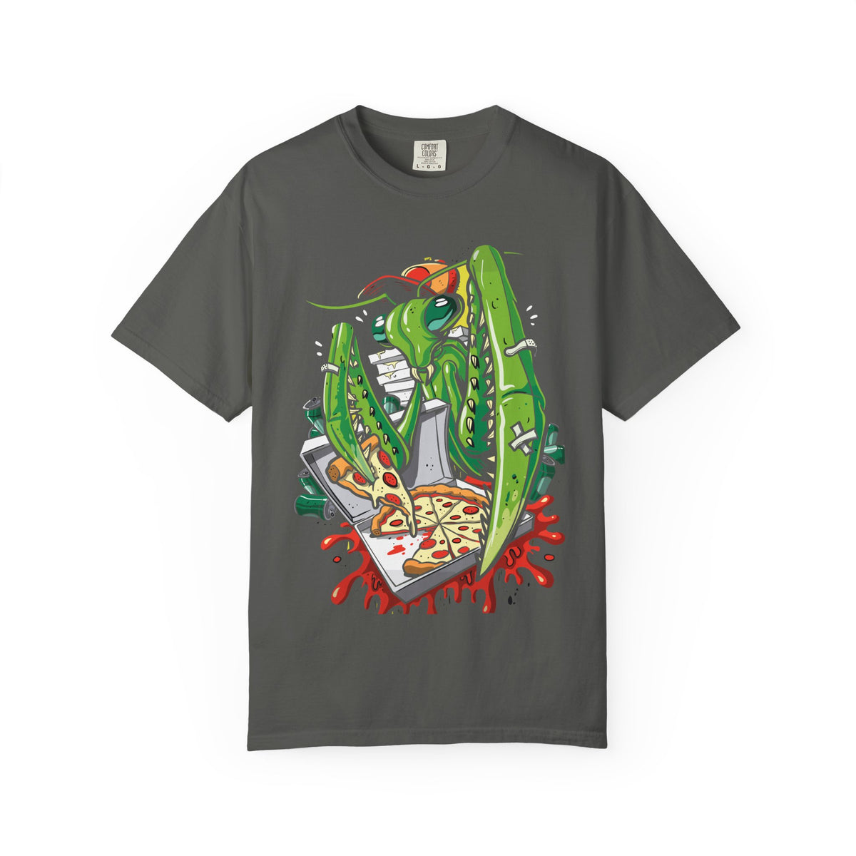Green Praying Mantis Pizza Tee - Fun Graphic Shirt Design