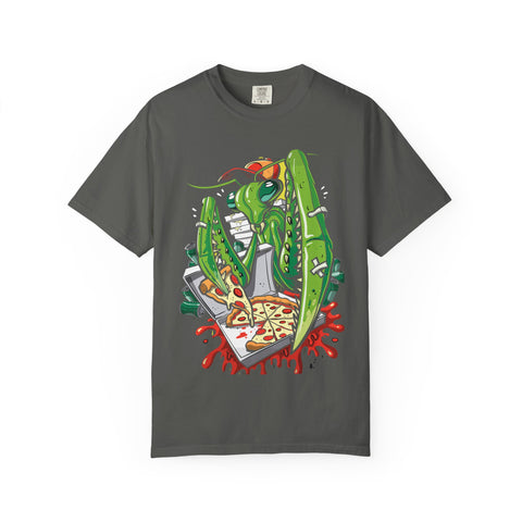 Green Praying Mantis Pizza Tee - Fun Graphic Shirt Design