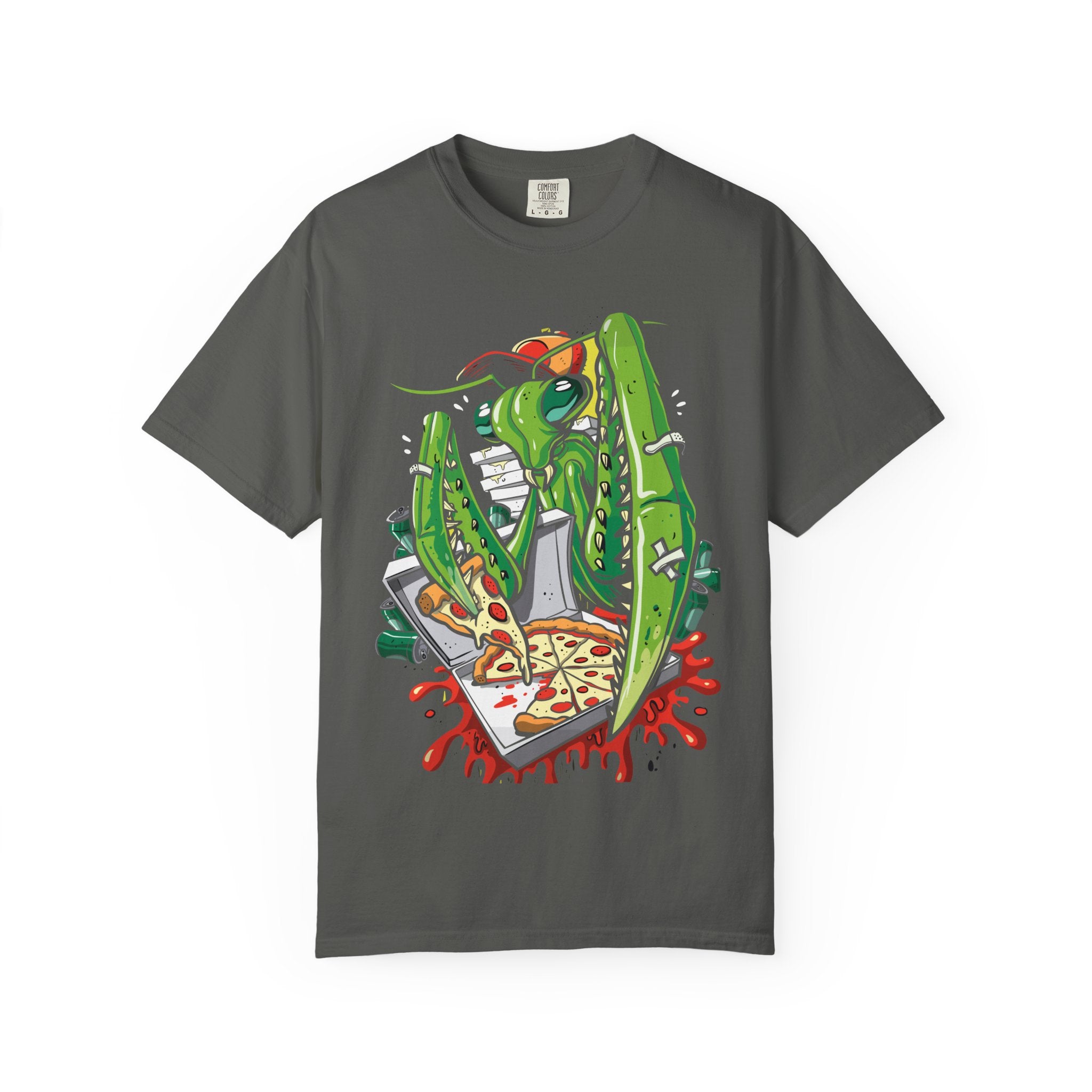 Green Praying Mantis Pizza Tee - Fun Graphic Shirt Design - Sinful Threads