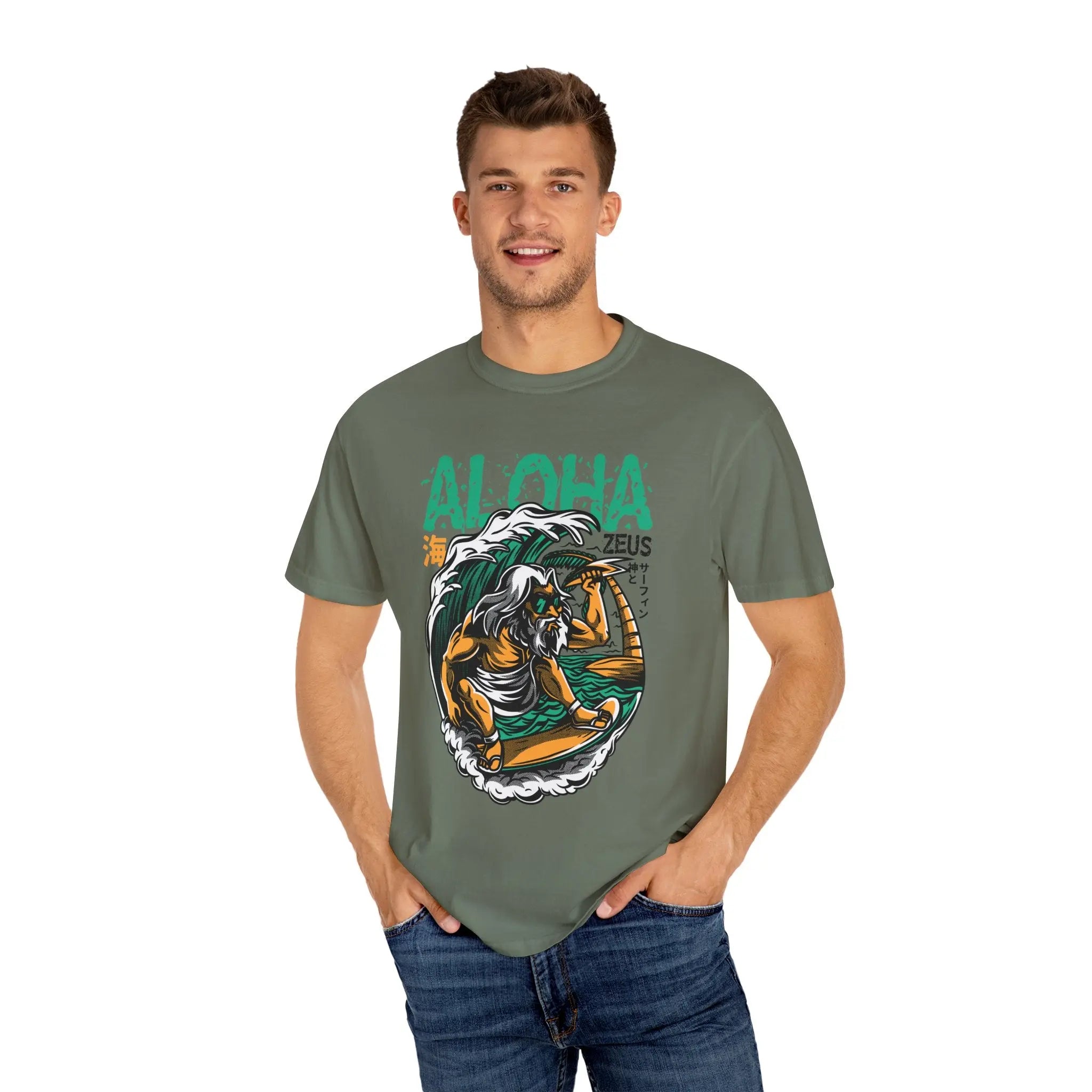 Zeus Surfing Illustration Graphic Design Aloha Text T-Shirt - Sinful Threads