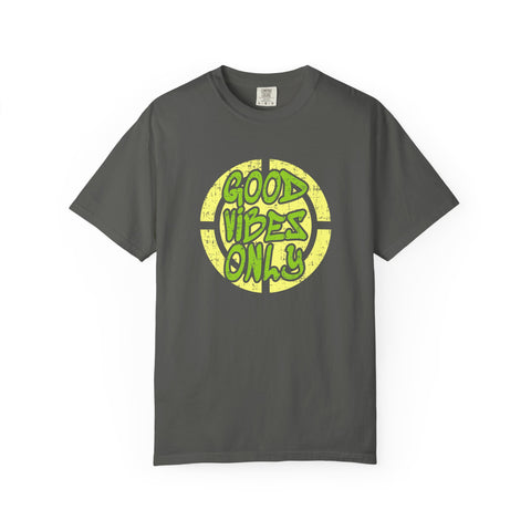 Gray t-shirt with 'Good Vibes Only' text in green on a white background