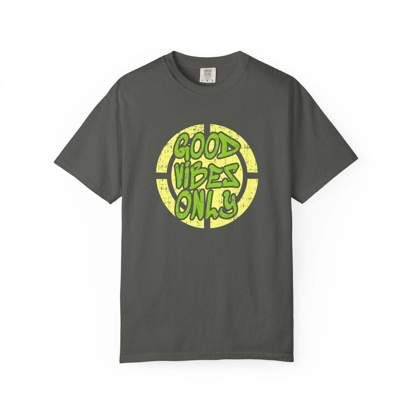 Gray t-shirt with 'Good Vibes Only' text in green on a white background