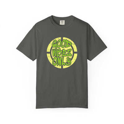Gray t-shirt with 'Good Vibes Only' text in green on a white background