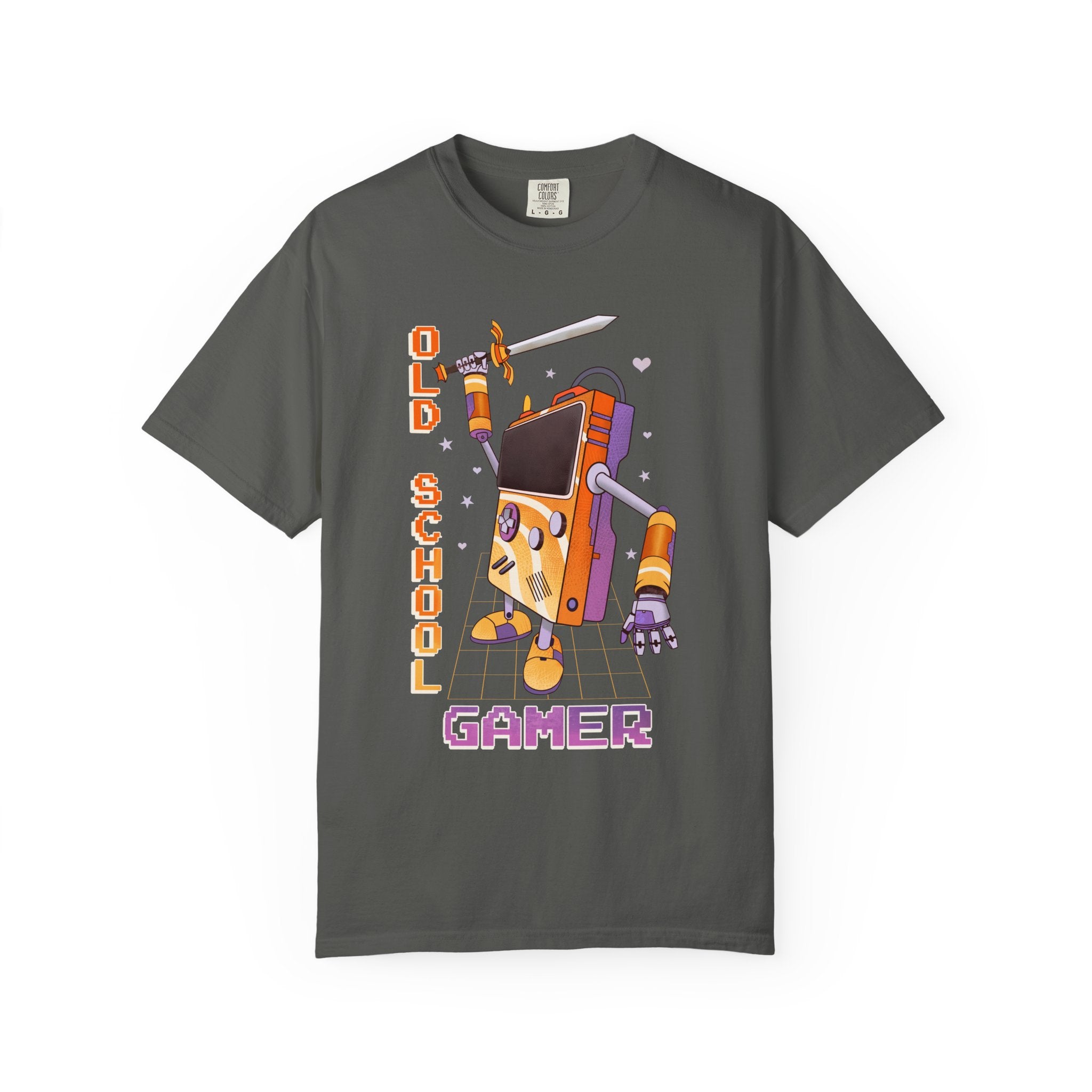 Gray t-shirt with a robot graphic and 'Old School Gamer' text on a white background