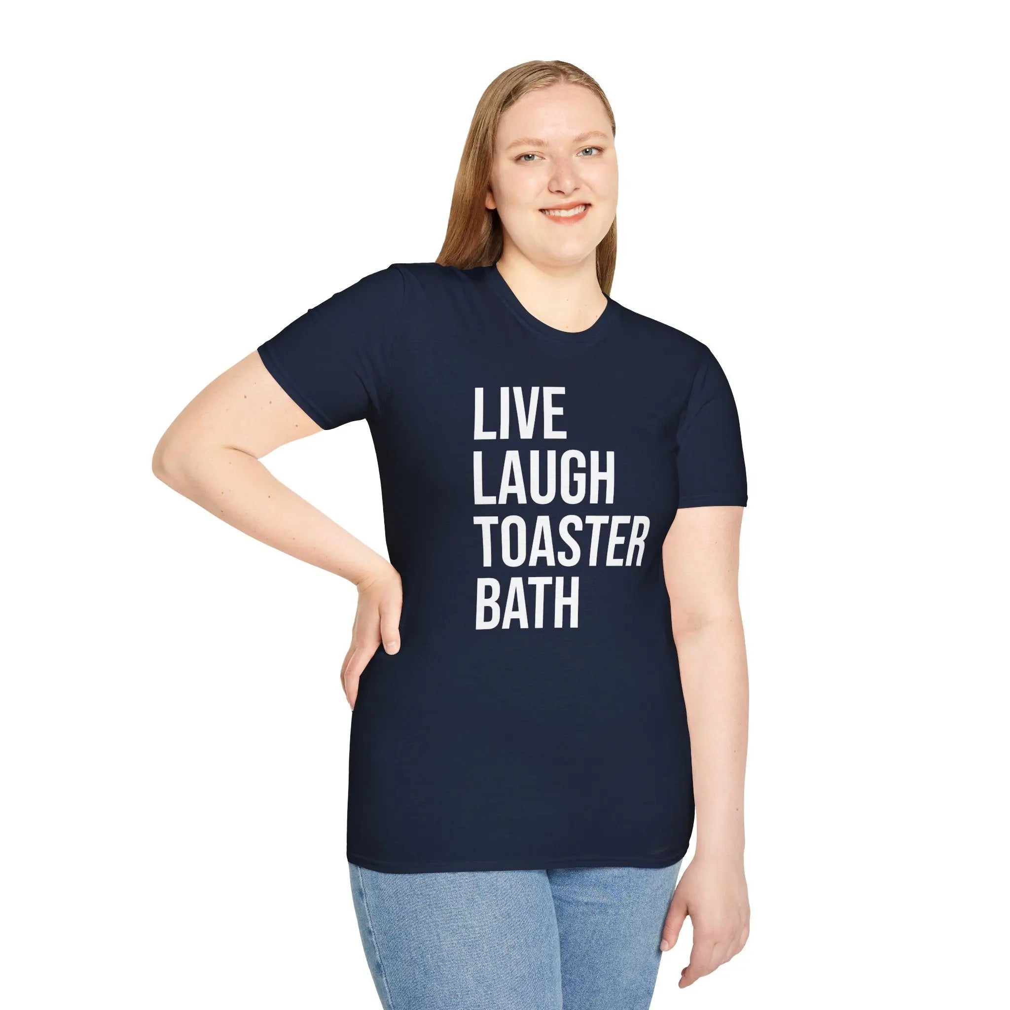 Live Laugh Toaster Bath Tee - Dark Humor Graphic Parody Shirt Printify
