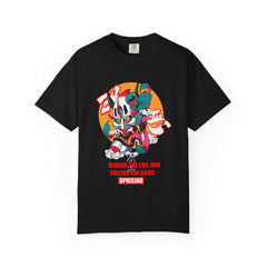 Black t-shirt with colorful graphic design and text on a white background