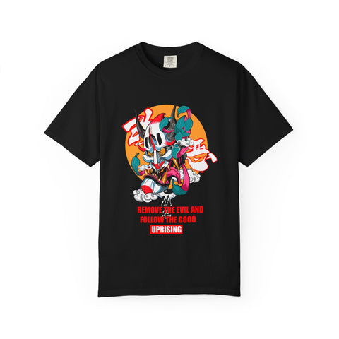 Black t-shirt with colorful graphic design and text on a white background