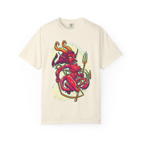 Beige t-shirt with a colorful graphic of a creature holding a trident on a white background