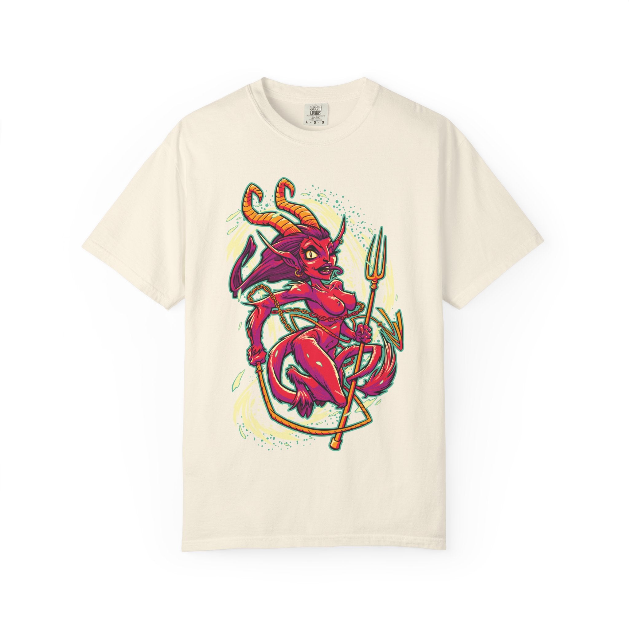 Beige t-shirt with a colorful graphic of a creature holding a trident on a white background