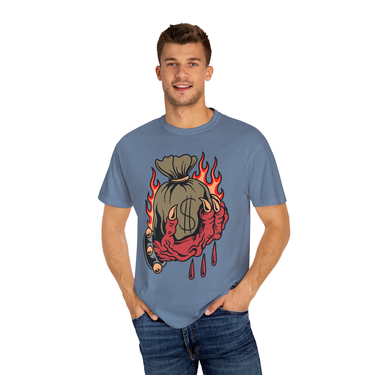 Money Bag Shirt - Devil's Hand Flaming Dollar Tattoo Tee