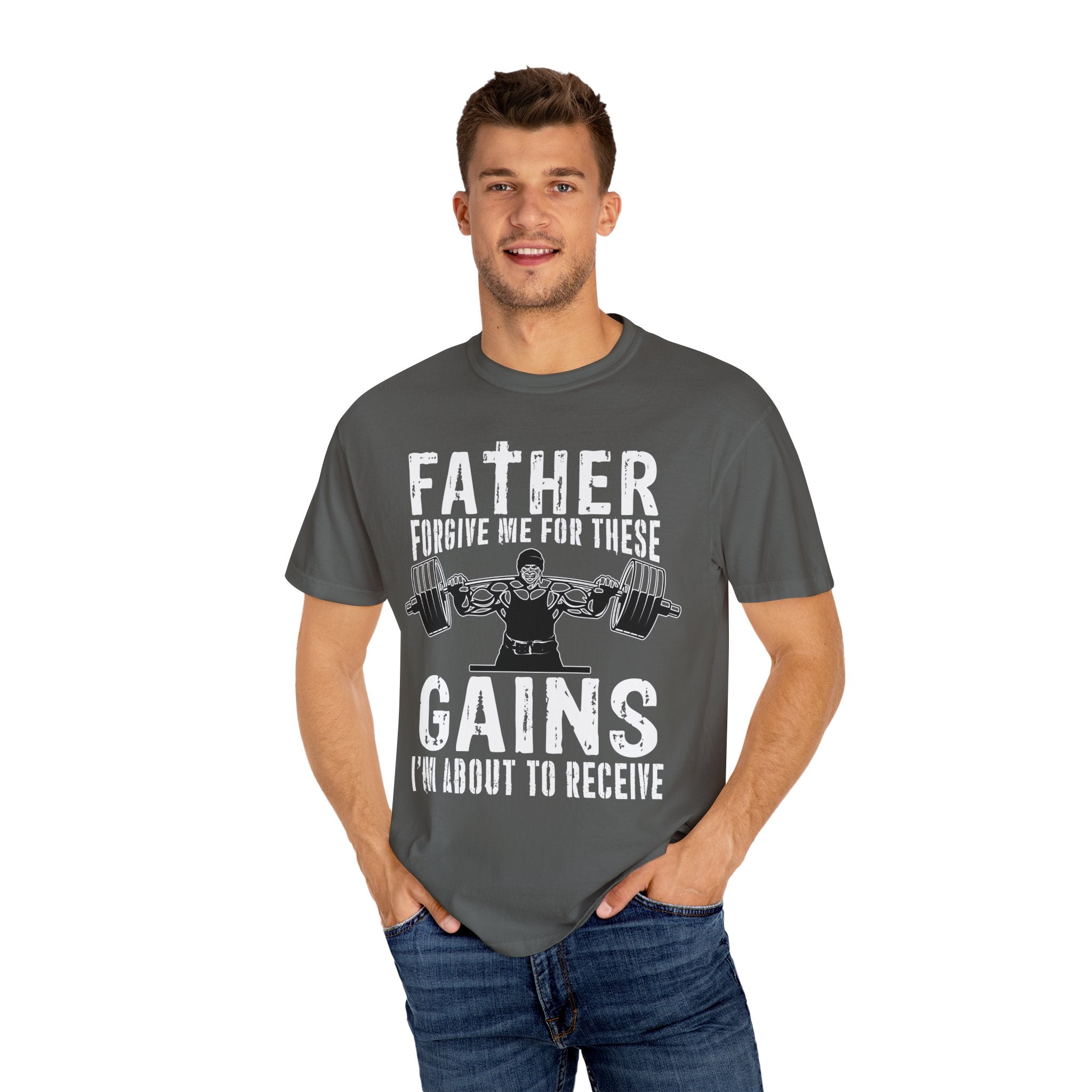 Father Forgive Gains Gym Shirt - Christian Humor Gift - Sinful Threads