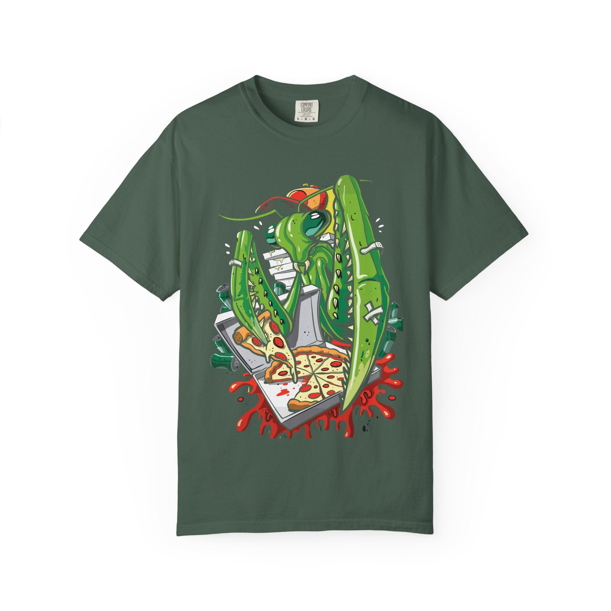 Green Praying Mantis Pizza Tee - Fun Graphic Shirt Design - Sinful Threads