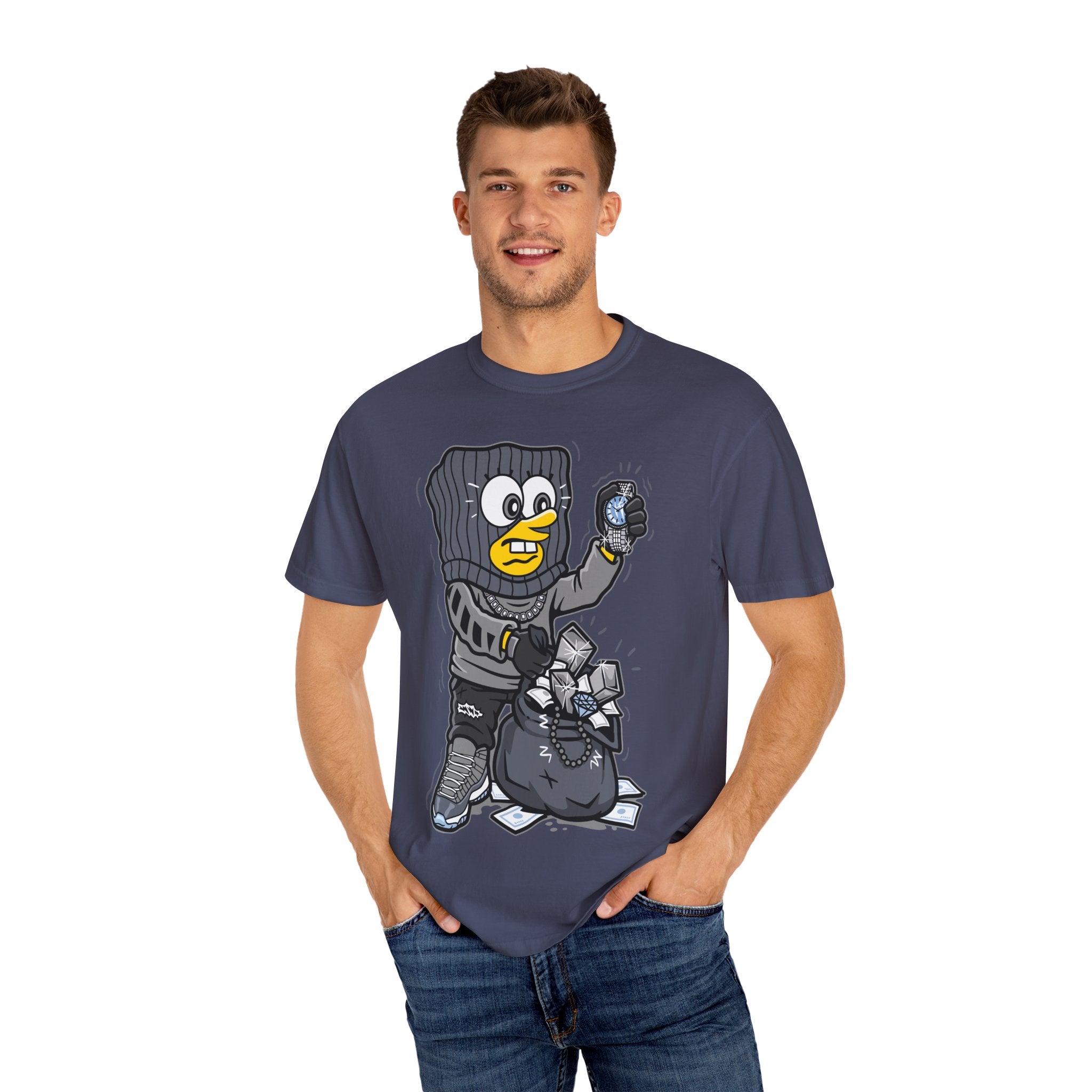 Cartoon Burglar Tee – Funny Diamond Loot Graphic Shirt - Sinful Threads