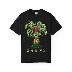 Black t-shirt with a green and red graphic design on a white background